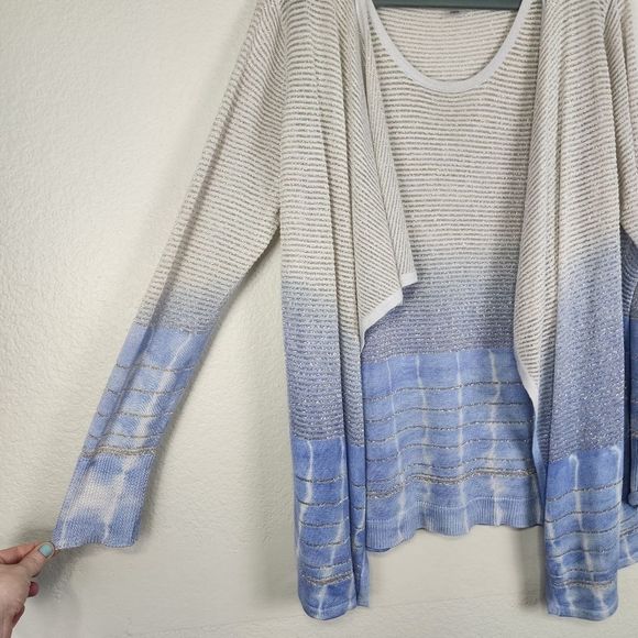 TanJay Medium Tan Blue Metallic Ombre 2 Piece Tank Top with Matching Cardigan - Picture 2 of 9